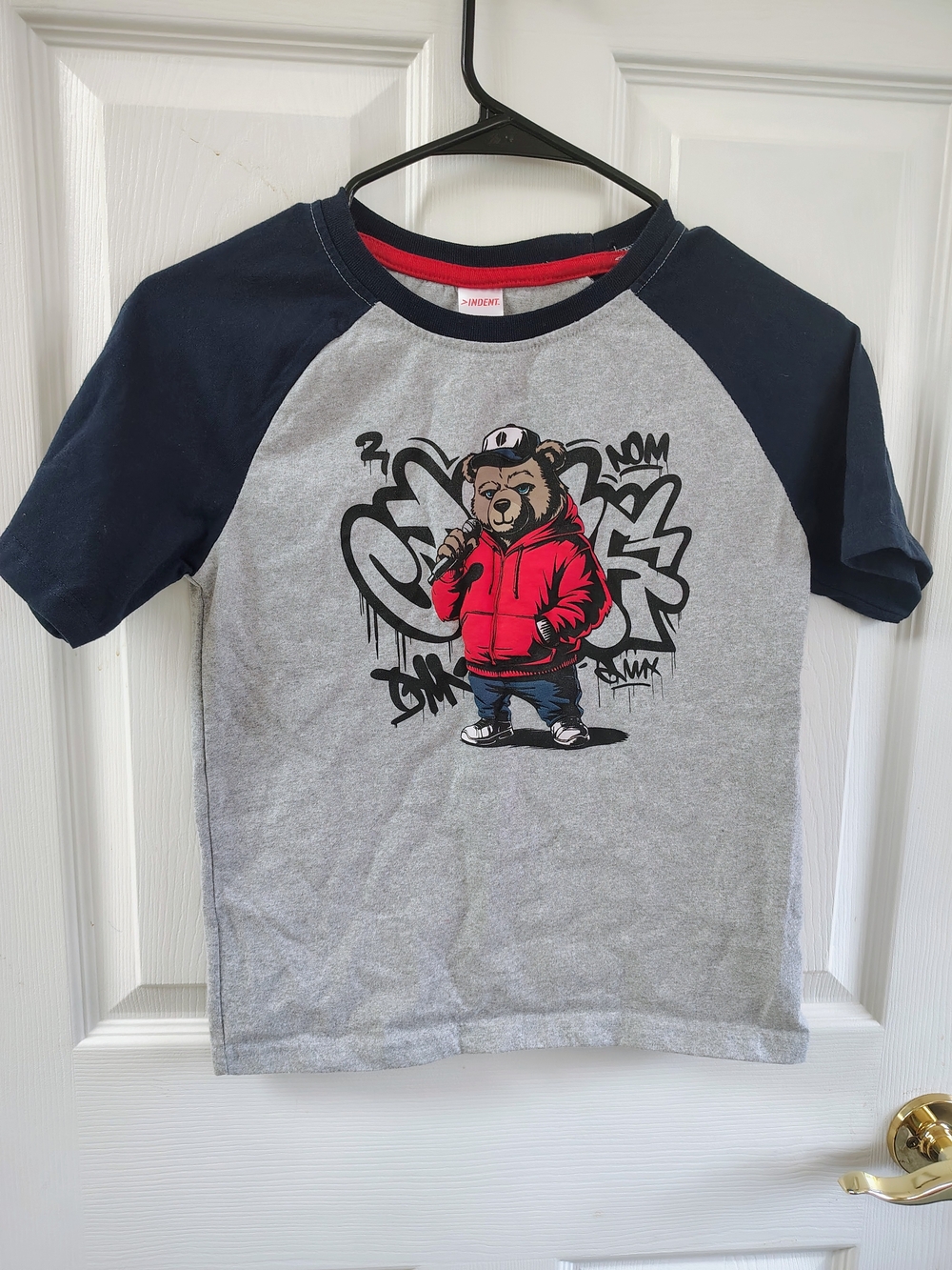 Kids Raglan Tee with Red Hoodie Bear Graphic - Unbranded